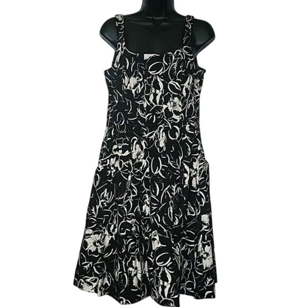 American Living Womens Black White Floral Fit Flare‎ Dress Size 8 Square Neck